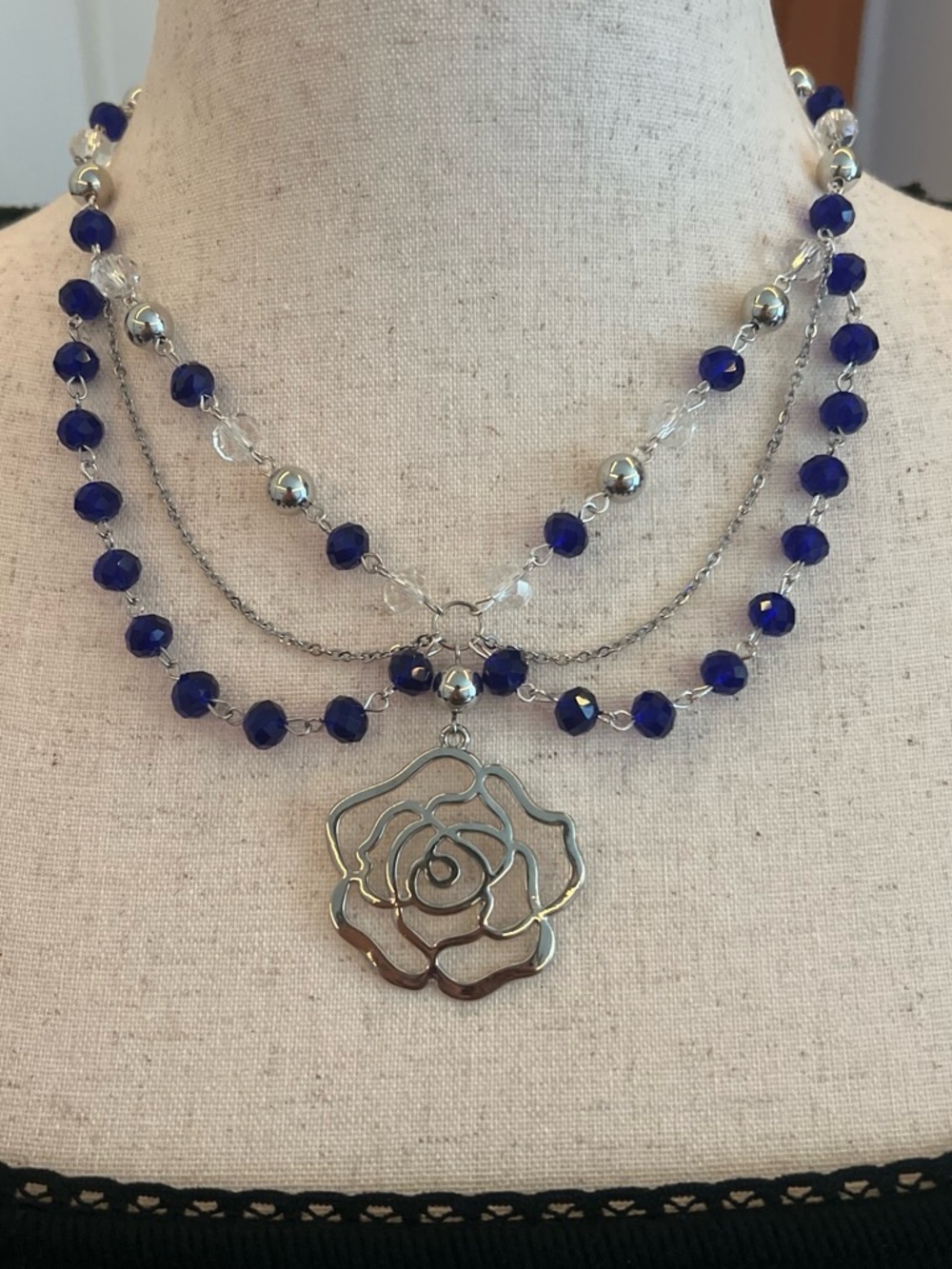 Silver Rose Pendant Multi-Strand Necklace in Deep Blue